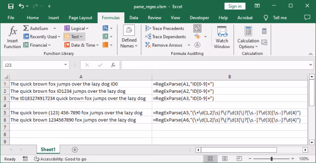 Screenshot of the custom VBA RegExParse function usage in an Excel worksheet formula.