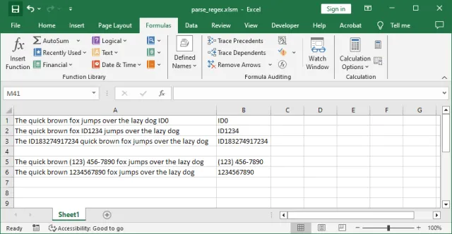 Screenshot of the formula result displaying the substring from a matched regular expression pattern in Excel.