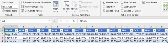 Screenshot of employee names, years, and sales by month in an Excel table.