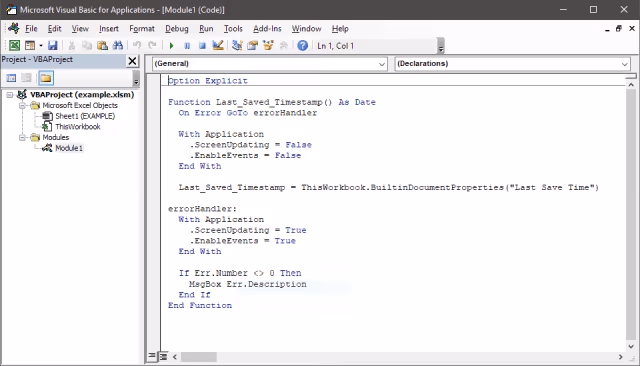 Screenshot of user-defined function in Excel Microsoft Visual Basic for Applications.