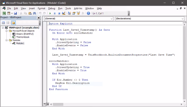 Screenshot of user-defined function in Excel Microsoft Visual Basic for Applications.
