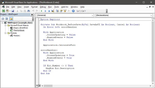 Screenshot of macro procedure to force recalculation before save in Excel Microsoft Visual Basic for Applications.