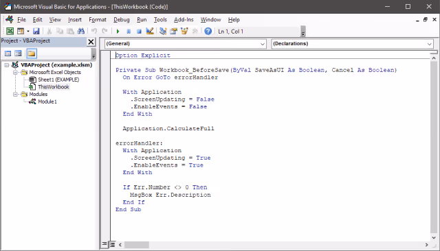Screenshot of macro procedure to force recalculation before save in Excel Microsoft Visual Basic for Applications.
