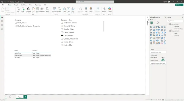Screenshot of the expected result demonstrating the non-delimited slicer filtering the report for all entries associated with the selected filter in Power BI.