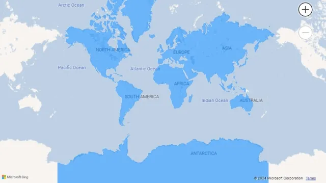 Screenshot of a filled map visualization using continent names in Power BI.