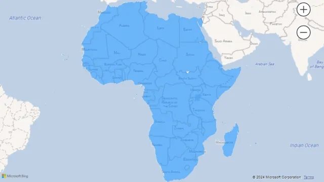 Screenshot of a filled map visualization using country names (Africa) in Power BI.