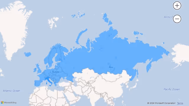Screenshot of a filled map visualization using country names (Europe) in Power BI.