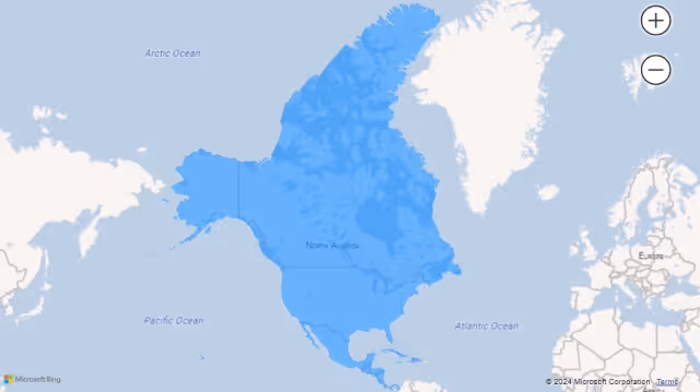 Screenshot of a filled map visualization using country names (North America) in Power BI.