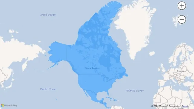 Screenshot of a filled map visualization using country names (North America) in Power BI.