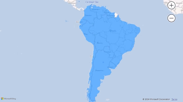Screenshot of a Filled Map visualization using country names (South America) in Power BI.