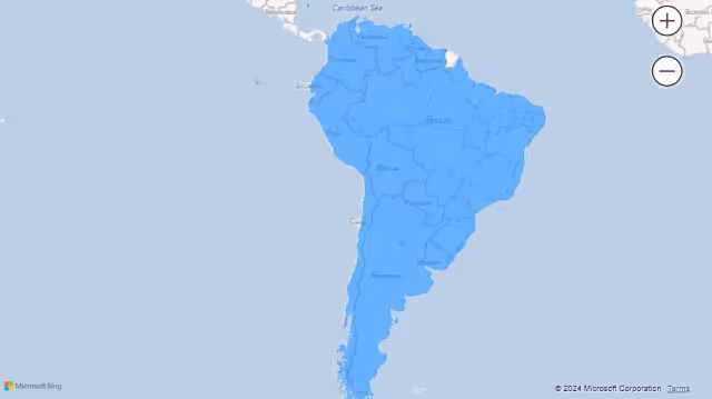 Screenshot of a filled map visualization using country names (South America) in Power BI.