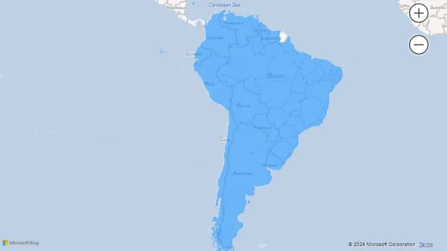 Screenshot of a filled map visualization using country names (South America) in Power BI.