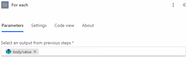 Screenshot of the For Each loop configuration in Power Automate.