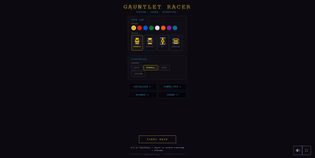 Screenshot of the settings screen from Gauntlet Racer.