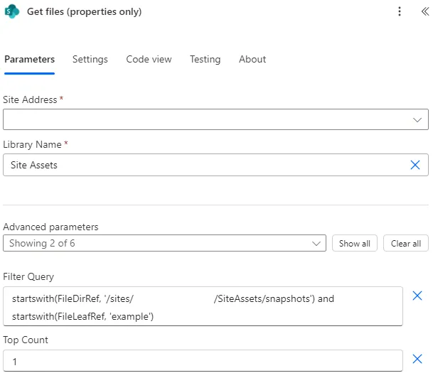 Screenshot of the SharePoint Get Files (Properties Only) action configuration in Power Automate.