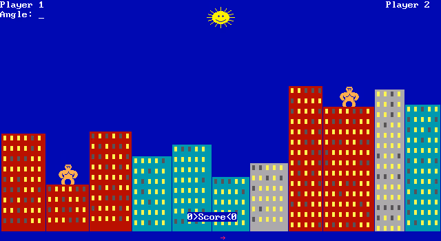 Screenshot of the opening screen from QBasic Gorillas (gorillas.bas).