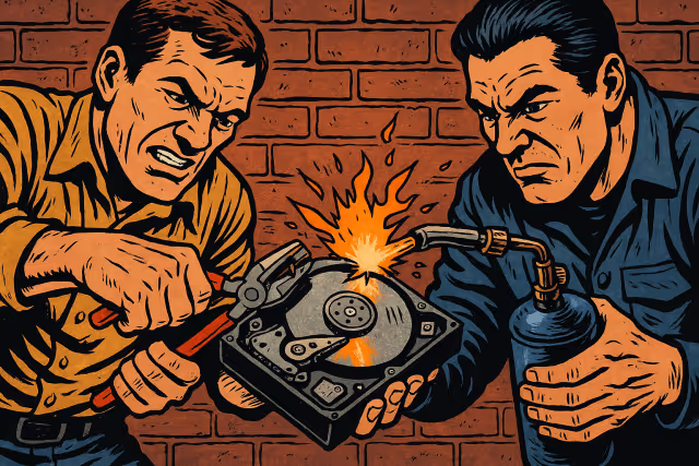 AI generated image of two people destroying a hard drive using pliers and a blowtorch while not taking the appropriate safety precautions.