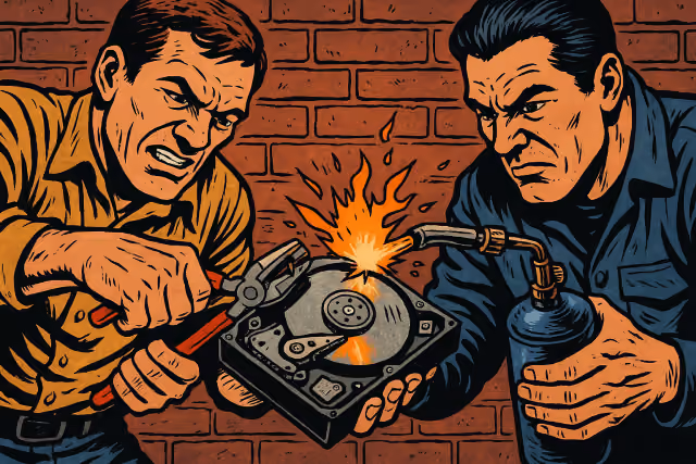 AI-generated image of two people destroying a hard drive using pliers and a blowtorch while not taking the appropriate safety precautions.