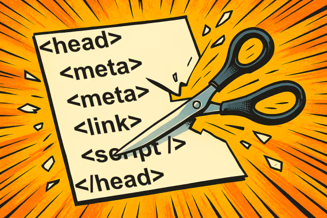 AI generated illustration of scissors cutting through a sheet of paper containing various HTML elements.