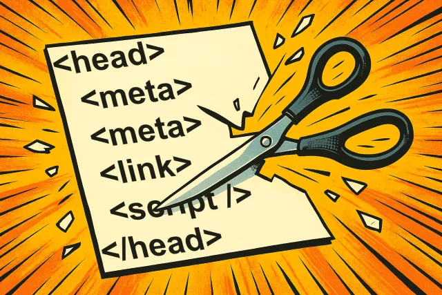 AI generated illustration of scissors cutting through a sheet of paper containing various HTML elements.