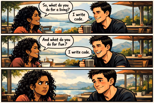 AI-generated image of three stacked comic panels showing a woman and man at a scenic outdoor café. In the first panel she asks what he does for a living and he replies that he writes code. In the second panel she asks what he does for fun and he happily answers that he writes code. In the final panel, the woman looks bewildered while the man smiles bashfully.
