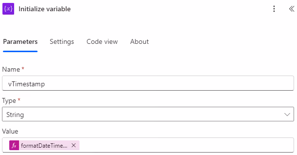 Screenshot of the initialize variable configuration to capture the current timestamp in Power Automate.