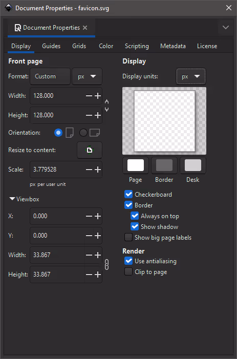 Screenshot of the Document Properties settings in Inkscape.