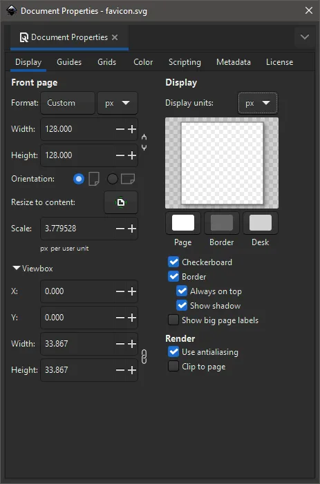 Screenshot of the Document Properties settings in Inkscape.
