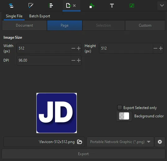 Screenshot of the Export PNG settings in Inkscape.