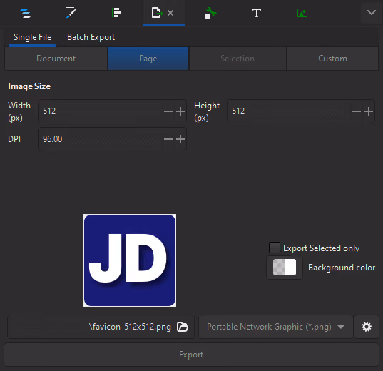 Screenshot of the Export PNG settings in Inkscape.