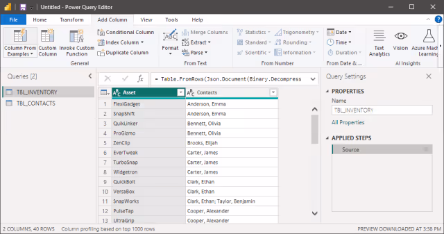 Screenshot of the underlying data table in Power BI.