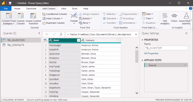 Screenshot of the underlying data table in Power BI.