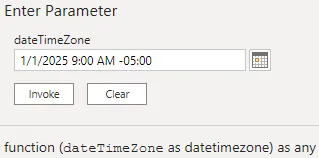 Screenshot of the invoke function screen with test values in Power Query.