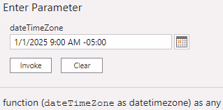 Screenshot of the invoke function screen with test values in Power Query.