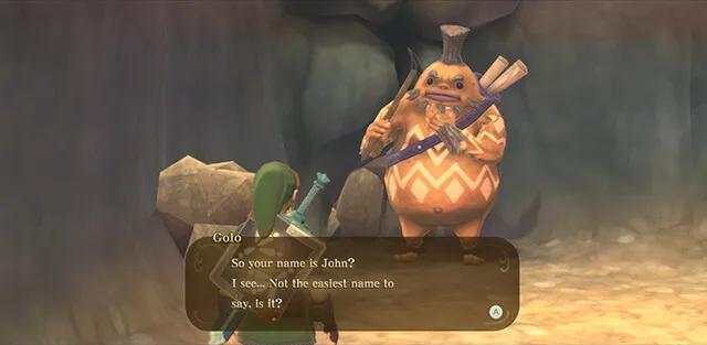 Screenshot from The Legend of Zelda: Skyward Sword. So your name is John? I see... Not the easiest name to say, is it?