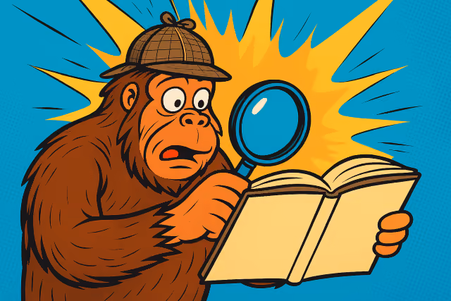 AI-generated image of a sasquatch using a magnifying glass to search for URLs in a book.