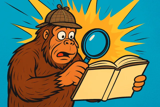 AI generated illustration of a sasquatch using a magnifying glass to search for URLs in a book.