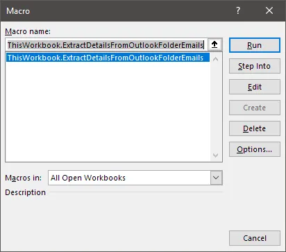Screenshot of the 'Macro' dialog box to execute the procedure in Excel.