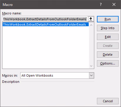 Screenshot of the 'Macro' dialog box to execute the procedure in Excel.