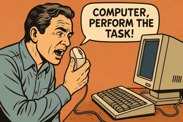 AI-generated image of a man issuing voice commands to a computer through a wired mouse.
