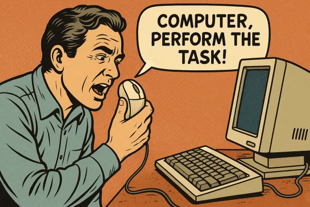 AI generated illustration of a man issuing voice commands to a computer through a wired mouse.