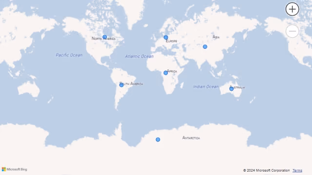 Screenshot of a Map visualization using continent names in Power BI.