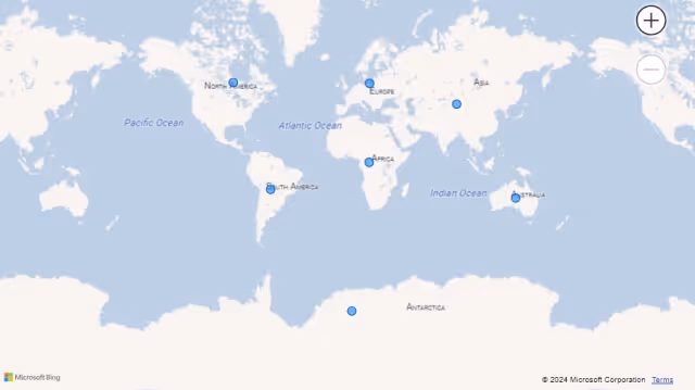 Screenshot of a map visualization using continent names in Power BI.