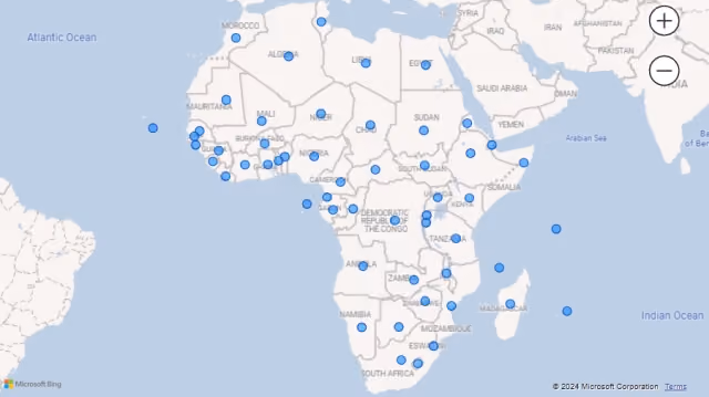 Screenshot of a Map visualization using country names (Africa) in Power BI.