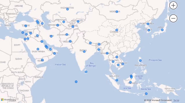 Screenshot of a Map visualization using country names (Asia) in Power BI.