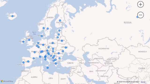 Screenshot of a Map visualization using country names (Europe) in Power BI.