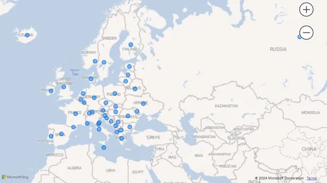 Screenshot of a map visualization using country names (Europe) in Power BI.