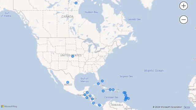 Screenshot of a map visualization using country names (North America) in Power BI.