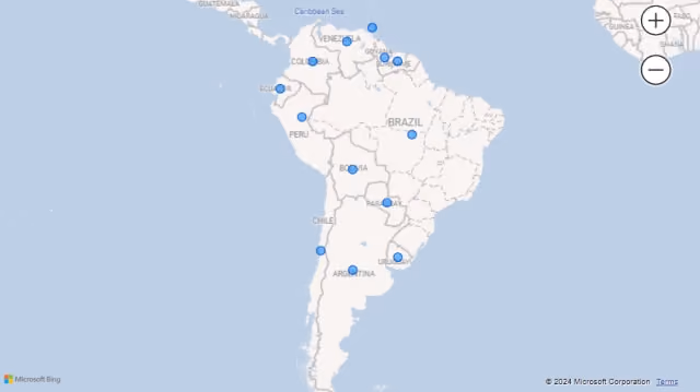 Screenshot of a Map visualization using country names (South America) in Power BI.
