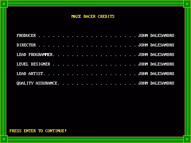Screenshot of the game credits screen from Maze Racer.